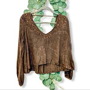 Ecote Cropped Embroidered Boho Long Flutter Sleeve Small